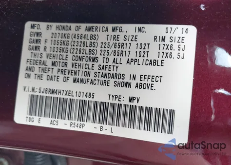 2014 Honda Cr-V Ex-L from USA, damaged, VIN 5J6RM4H7XEL101485